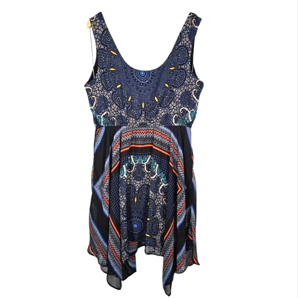 Bebop Y2K Hankerchief Hem Mini Blue Print Dress Size XL